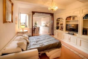ein Schlafzimmer mit einem großen Bett und einem TV in der Unterkunft Dama charming apartment 100m from Piazza del Campo in Siena
