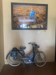 ein Fahrrad neben einem Gemälde an der Wand geparkt in der Unterkunft La Maison d'Indochine in Hoi An