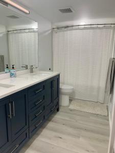 ein Badezimmer mit einem blauen Waschtisch und einem WC in der Unterkunft Best location in Charming Downtown Ballard! Rare Find! in Seattle