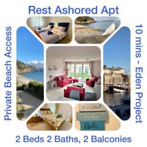 un collage di foto di una camera da letto e di una stanza di Stunning Apartment with Private Beach & Balconies a Charlestown