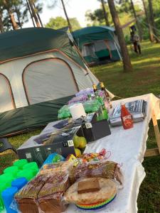 einem Picknicktisch vor einem Zelt in der Unterkunft BN Private Beach in Jinja