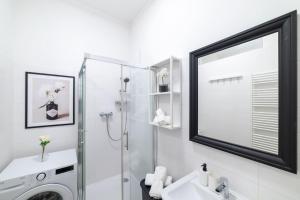 ein Bad mit einer Dusche, einem Waschbecken und einem Spiegel in der Unterkunft Beautiful apartment in Vienna's heart 1b in Wien