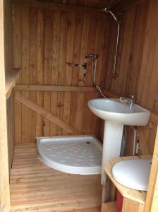a small bathroom with a sink and a toilet at Chambre d'hôtes de Paille et d'Argile in Touligny
