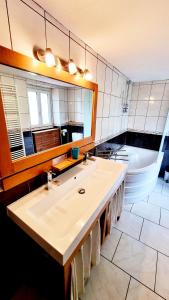 W łazience znajduje się umywalka, wanna i lustro. w obiekcie Maison de 3 chambres avec terrasse et wifi a Saint Michel sur Orge w mieście Saint-Michel-sur-Orge