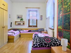 two beds are in a room with a room with a window at Holiday Home Zlata Olesnice by Interhome in Zlatá Olešnice