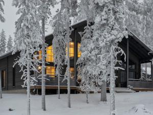 a house covered in snow with trees in the foreground at Holiday Home Westlevi b by Interhome in Sirkka