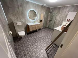 a bathroom with a toilet and a sink and a mirror at Tromsø stunning Luxury apart A in Larseng +25 photos