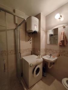 uma casa de banho com um WC, um lavatório e um chuveiro em Apartman Sunce em Podgorica
