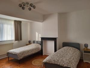 1 dormitorio con 2 camas y chimenea en Brussels Bed & Blockchain Private rooms with shared bathroom en Bruselas