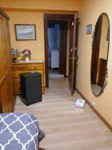 a bedroom with a bed and a mirror and a dresser at Habitaciones en Aviles in Avilés