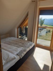 sypialnia z łóżkiem i dużym oknem w obiekcie Apartamenty Butorowy w mieście Kościelisko