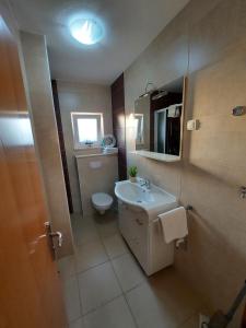 a bathroom with a sink and a toilet and a mirror at Guest House As in Vodice