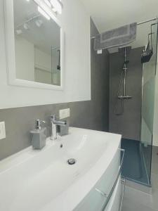 a bathroom with a white sink and a mirror at Haus Dragl DZ EZ in Friedberg