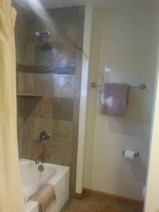 a bathroom with a shower and a tub and a sink at Cozy Flagstaff Home in Cool Pines - Country Club in Flagstaff
