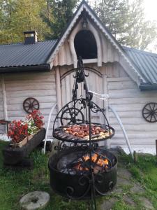 uma grelha em frente a um barracão com comida dentro em Agroturystyka U Misia em Niedźwiedź