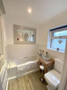 a bathroom with a sink and a toilet and a mirror at Secluded Escape near Salcombe - Newhouse Barn. in Malborough