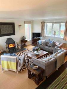 a living room with two couches and a fireplace at Secluded Escape near Salcombe - Newhouse Barn. in Malborough