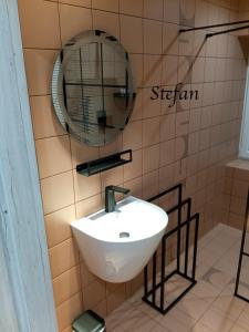 łazienka z umywalką i lustrem na ścianie w obiekcie Apartament Pola w mieście Sokołowsko
