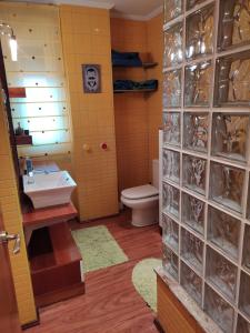 a bathroom with a sink and a toilet and a mirror at Duplex Boñar in Boñar