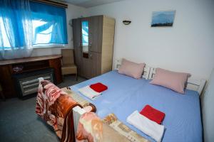 a bedroom with a blue bed with two red pillows at Hotel Hiking in Donja Ljuža