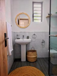 bagno con lavandino e specchio di Villa La Tortue - GBH a Grand Baie