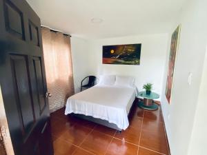 1 dormitorio con 1 cama blanca en una habitación en MAGICA CABAÑA EN MEDIO DE LA NATURALEZA en Armenia