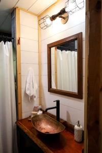 a bathroom with a sink and a mirror at Cabin at the cove at Watauga Lake in Butler