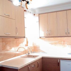 eine Küche mit einer Spüle und Holzschränken in der Unterkunft Dolce Casa in Korçë