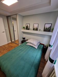1 dormitorio con 1 cama con edredón verde en APARTAMENT SĄDECKA OSTOJA en Nowy Sącz