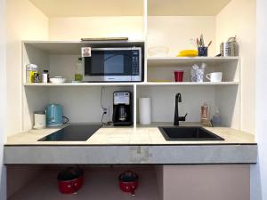 a kitchen counter with a sink and a microwave at Duplex Suite in Art Tower in Philadelphia +14 photos