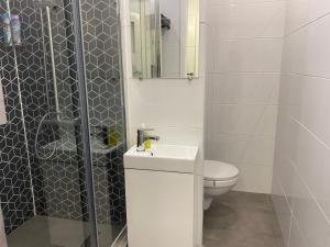 een witte badkamer met een toilet en een wastafel bij Ostrava Poruba Centre in Ostrava