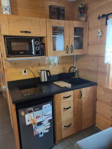 a small kitchen with a sink and a refrigerator at Misia Chata in Zakopane +20 photos