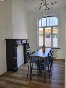 a dining room with a table and chairs and a fireplace at Brussels Bed & Blockchain Private rooms with shared bathroom in Brussels