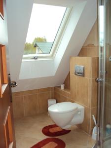 a bathroom with a toilet with a skylight at Słoneczne plaże in Rowy