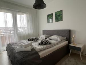 - une chambre avec un lit doté d'oreillers et d'une fenêtre dans l'établissement Apartament Nikodema, à Leszno