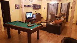 a living room with a pool table and a tv at Krókusz Kulcsosház - Boga in Boga