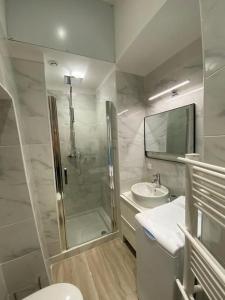 a bathroom with a shower and a toilet and a sink at Beau studio, 2min walk Monte Carlo Casino, terrace in Beausoleil
