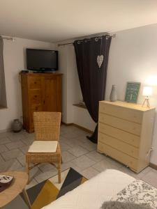 un soggiorno con TV, cassettiera e sedia di la maison bleue appart 1 a Remoncourt