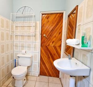 a bathroom with a toilet and a sink and a wooden door at Cabinas Coco Alegre in Coco