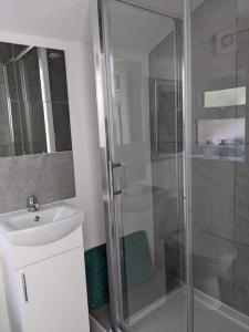 a bathroom with a glass shower and a sink at Seaside guest house a stone's throw from the beach in Dawlish