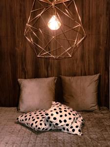 Zimmer mit einem Bett mit Kissen und einer Lampe in der Unterkunft Stylish house in the heart of Lapland in Tornio in Tornio