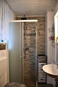 a bathroom with a shower and a sink at Apartments Lenc in Bovec