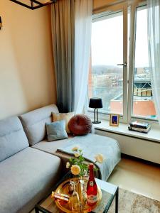 a living room with a couch and a large window at Apartament Champagne Gdańsk in Gdańsk