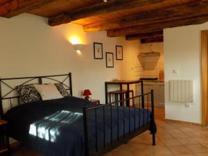 a bedroom with a bed and a kitchen at Domaine de la Mance - Maisonnette avec cheminée in Vitrey