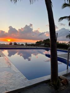 a pool with a palm tree and a sunset at Hotel Al Mare in Santa Cruz de Barahona