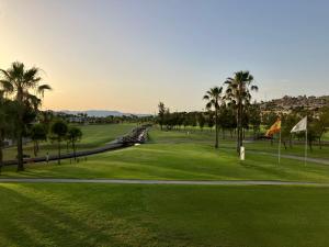 een golfbaan met palmbomen en een groen bij Villa South in Ciudad Quesada