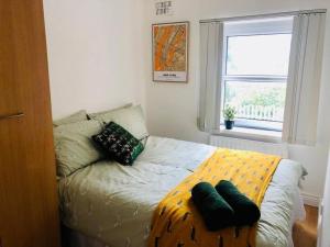 uma cama com almofadas num quarto com uma janela em Cosy House, Lisburn Road em Belfast