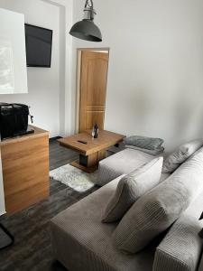 salon z kanapą i drewnianym stołem w obiekcie Apartamenty Slowianka w mieście Wolibórz