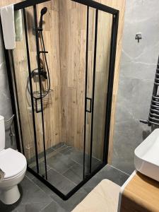a shower with a glass door in a bathroom at Apartamenty Slowianka in Wolibórz