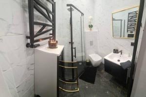 a bathroom with a toilet and a sink at Apartament Czarny z Jacuzzi in Bydgoszcz